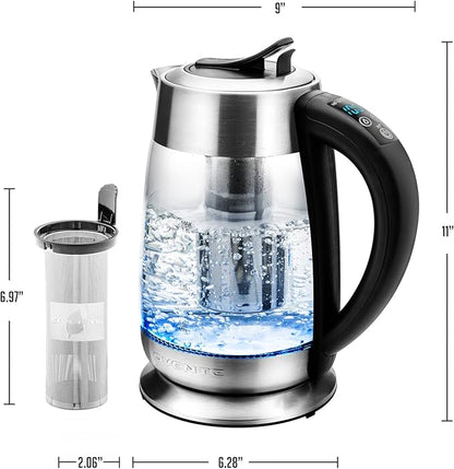 OVENTE Electric Glass Kettle Water Boiler 1.8 Liter BPA Free - 1500W w/Stainless Steel Infuser, Set Temperature Control, Auto Shut Off, Portable Fast Instant Heater for Coffee & Tea - KG661S