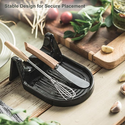 Ceramic Spoon Rest for Countertop Heat-Resistant Spoon Rest with Slot Easy for Tong and Spoon Kitchen Gadgets & Kitchen Utensils Holder, Black with White Splash