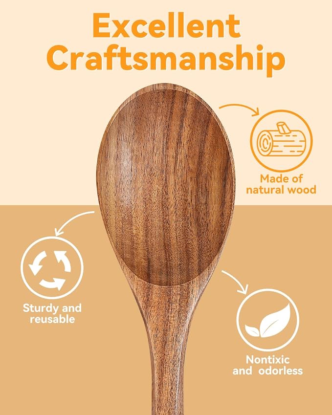 MORGLES 2PCS Wooden Cooking Spoons, 12 Inch Acacia Wood, Handcrafted, Non-Scratch for Nonstick Cookware, Heat Resistant Utensils