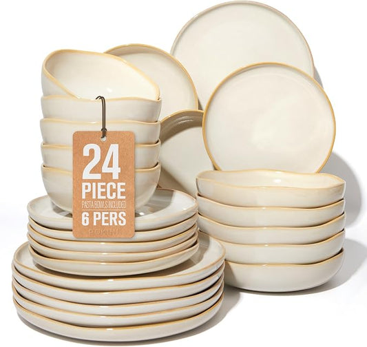 Pokini 24 Pieces Dinnerware Set for 6 with Pasta Bowls, Complete Ceramic Dish Set, Stackable & Glossy Stoneware Plate and Bowl Set for Effortless Everyday Hosting, Yellow White