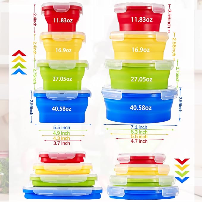 Zopeal 8 Pcs Collapsible Food Storage Containers Foldable Silicone Lunch Containers with Lids 4 Silicone Rectangle Collapsible Bowls and 4 Round Food Bowls Microwave Freezer Dishwasher Safe (Colorful)