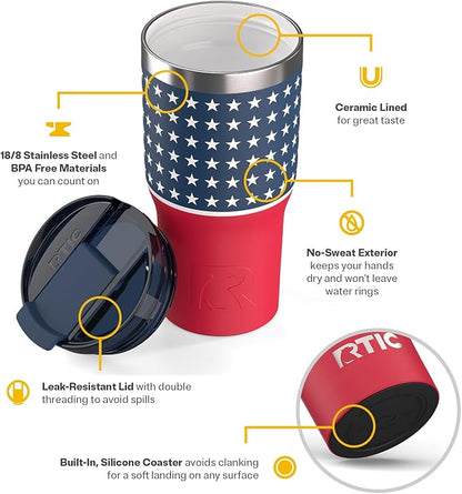RTIC 20oz Essential Tumbler with Lid, Ceramic Lined, Insulated, Stainless Steel, Metal, Double Wall Vacuum-Insulation, Travel Cup for Iced Coffee, Tea, Hot and Cold Drink, Stars