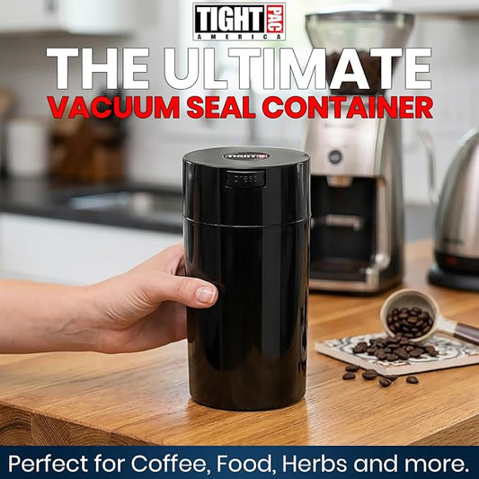 Tightvac 3 to 12 Ounces Airtight Smell Proof Container - Patented Vacuum Seal, Storage for Coffee, Herbs, Tea, Spices, Dry Goods - Odor Resistant Vacuum Jar, Black