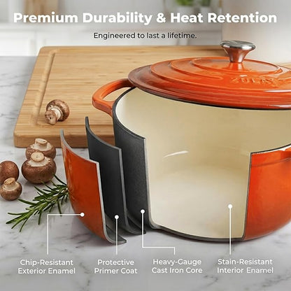 Zulay Kitchen 7.7 Quart Enameled Cast Iron Dutch Oven Pot with Lid – Premium Durability & Oven Safe up to 500°F – Heavy Duty Cookware Perfect for Bread Baking, Stews, Braising & Roasting – Orange