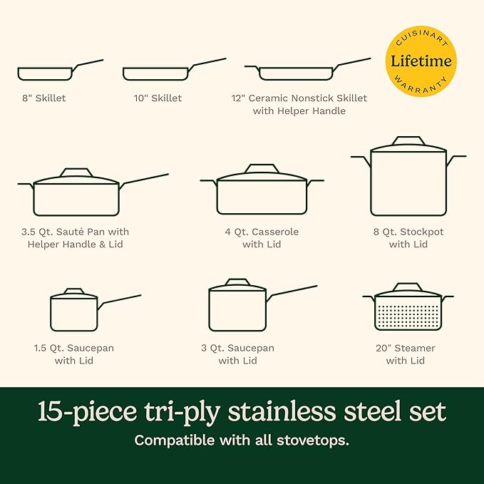 Cuisinart 12-Piece Cookware Set, MultiClad Pro Triple-Ply Stainless Steel Cookware Set, Heat Surround Technology, Cool Grip Stick Handles, Oven Safe up to 500F, MCPS-15N, Silver
