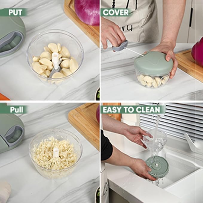 LGURT Manual Food Chopper, Garlic Chopper with Container, Vegetable Kitchen Cutter, Pull-String Hand Food Processor Sharp Blades Mincer Shredder for Cutting Onions Chili Ginger Herbs (Green, 500ml)