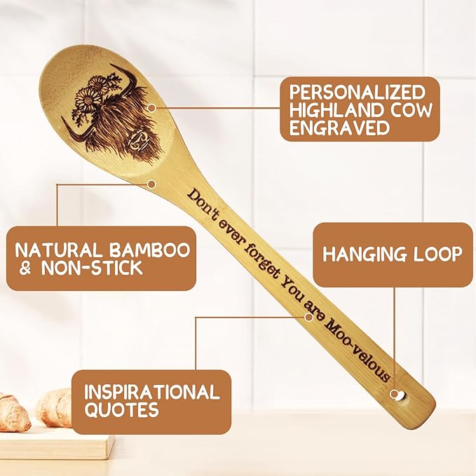 Highland Cow Gifts for Women, 6PCS Unique Highland Cow Print Bamboo Spoons Gifts Set with Keychain, Perfect Birthday Gifts for Mother's Day Bestie Sister