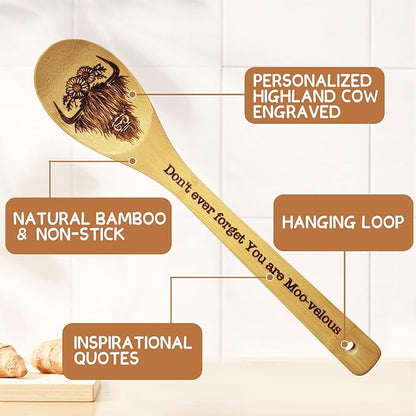 Highland Cow Gifts for Women, 6PCS Unique Highland Cow Print Bamboo Spoons Gifts Set with Keychain, Perfect Birthday Gifts for Mother's Day Bestie Sister