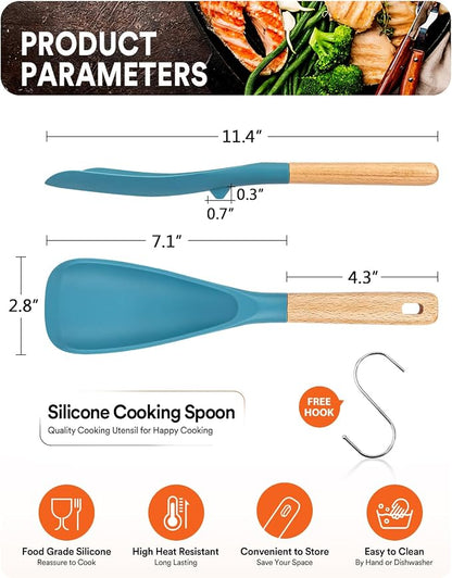 Cooking Spoon for Nonstick Cookwares, Great for Cooking and Serving Sturdy BPA-Free Matte Silicone, Wood Handle Spoon for Mixing, Scoop, and Scrape (TURQ, 11.4 inch)