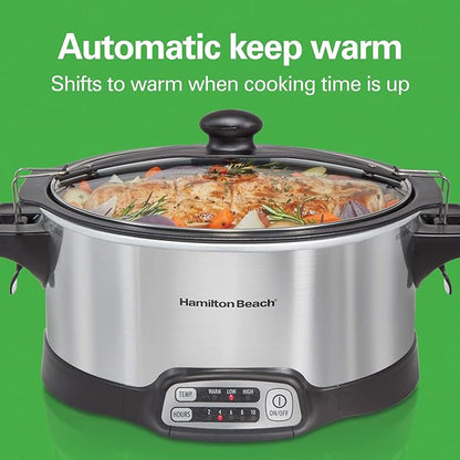 Hamilton Beach Programmable Slow Cooker with 6 Quart Stovetop-Safe Sear & Cook Crock & Travel Lid Lock for Portable Transport, Silver (33663)