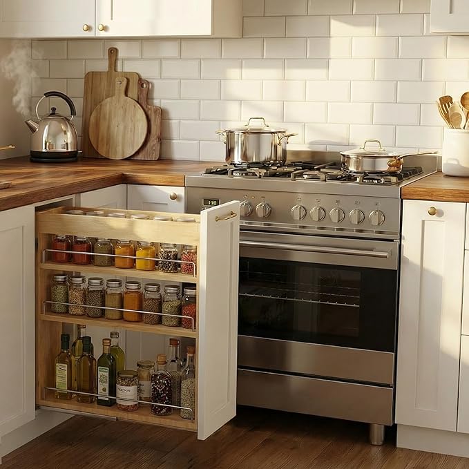 Pull Out Spice Rack Organizer for Cabinet, 5" W x 22.3" D x 25.2" H Multi-Use Solid Wood Slide Out Shelf for Kitchen Cabinet, Sliding Spice Rack for Cans & Jars, Pantry Organization