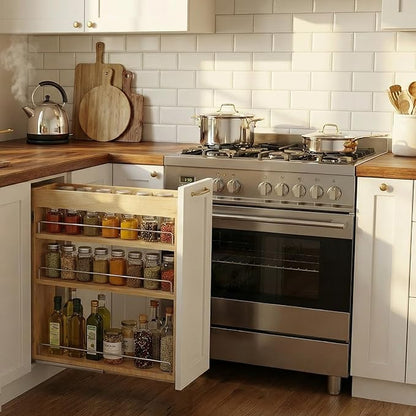 Pull Out Spice Rack Organizer for Cabinet, 5" W x 22.3" D x 25.2" H Multi-Use Solid Wood Slide Out Shelf for Kitchen Cabinet, Sliding Spice Rack for Cans & Jars, Pantry Organization