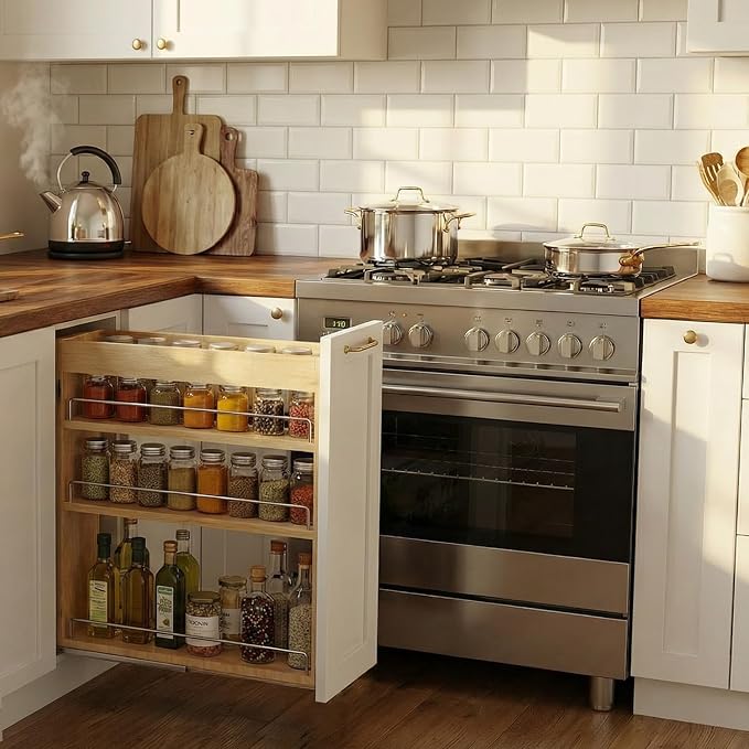 Pull Out Spice Rack Organizer for Cabinet, 8" W x 22.3" D x 25.2" H Multi-Use Solid Wood Slide Out Shelf for Kitchen Cabinet, Sliding Spice Rack for Cans & Jars, Pantry Organization