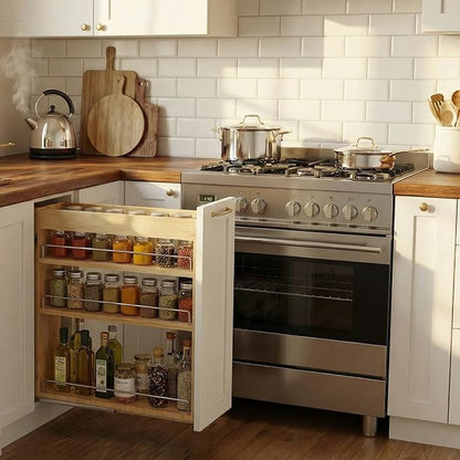 Pull Out Spice Rack Organizer for Cabinet, 8" W x 22.3" D x 25.2" H Multi-Use Solid Wood Slide Out Shelf for Kitchen Cabinet, Sliding Spice Rack for Cans & Jars, Pantry Organization
