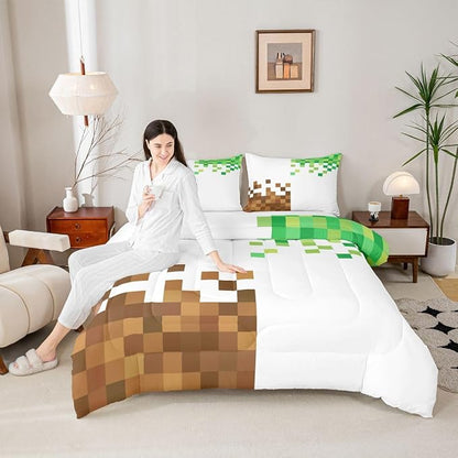 Manfei Pixelated Comforter Set Queen Size,Cartoon Gamepad Duvet Insert Adults Bedroom Decor,Miner Style Bedding Set,Brown Green Ultra Soft Microfiber Inner Fill 3Pcs Bedding