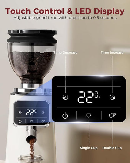 Tuni G3 Commercial Grade 64mm Flat Burr Coffee Grinder, 100 Grind Settings Electric Espresso Grinder with Single Dose, Touchscreen Display & Anti-Static Tech, All-Metal Stainless Steel Body, Ivory