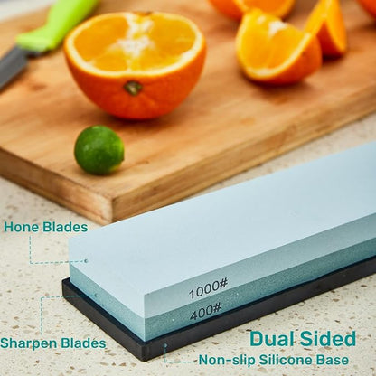 HiramWare Knife Sharpening Stone with Non-slip Rubber Base, 400/1000 Grit Premium Whetstone, Double-Sided Knife Sharpener for Kitchen, Waterstone for Honing Blades Manually