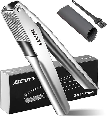 Professional Garlic Press Stainless Steel，No Need to Peel Garlic Mincer Tool with Large Trough, Dual Lever-Assisted Garlic Presser & Masher Easy Clean, Garlic Crusher Dishwasher Safe Rust Proof