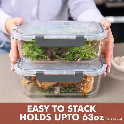 Razab 2 Pcs 1860ml / 63 Oz Large Glass Food Storage Containers with Lids - Glass Meal Prep Containers with Locking Lids for Roasting, Storing Leftover, Lunch Container, BPA Free, Microwave & Oven Safe