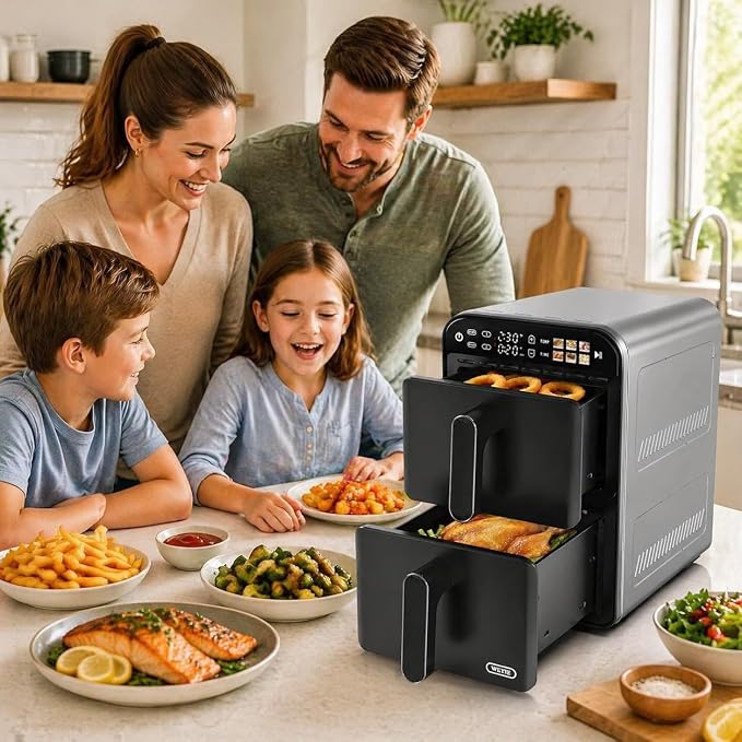【Upgrade】Air Fryer, Dual Basket Air Fryers, 12QT Double Air Fryer with 2 Stacked Racks, Large Family Size, Touchscreen Controls, 6-in-1 Presets, Roast, Sync & Match Functions, Dishwasher-Safe Parts