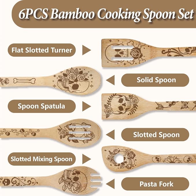 6Pcs 6 Styles Skull Cooking Utensils Bamboo Kitchen Spoons 2.4 x 11.8 Inch Durable Wooden Spoon Set for Men Women Friends Halloween Housewarming Birthday Gift Wedding Apartment Essentials