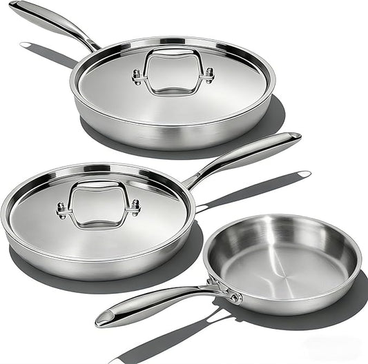 Stainless Steel Frying Pan Set with Lid, Umite Chef 3Pcs Skillet Set (Includes 8",10",12") - 5 Ply Stainless Clad - Heavy Duty & Professional Cookware Set, Fast & Even Heat, Dishwasher and Oven Safe