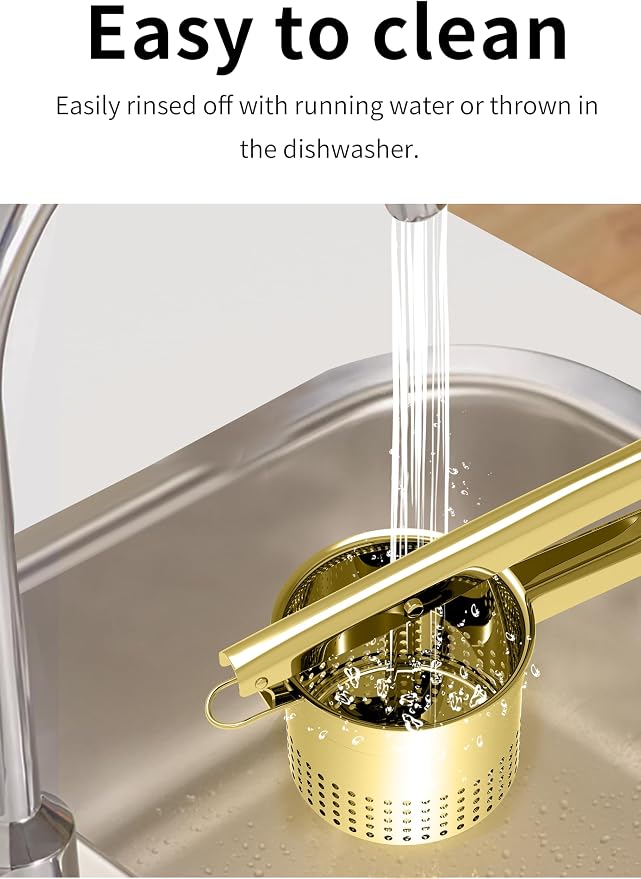 GloTika Large 15oz Potato Ricer Masher, Heavy Duty Stainless Steel Potato Masher with Ergonomic Handle, Masher and Ricer Kitchen Tool for Mashed Potatoes, Noodle Maker, Gold