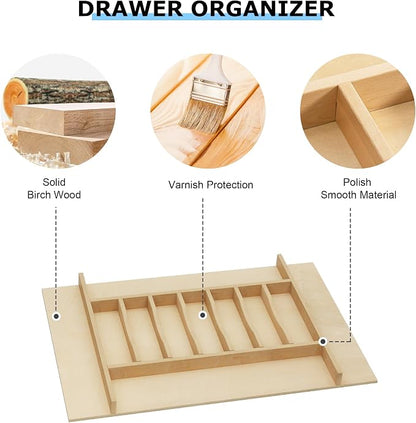 WelFurGeer Premium Wooden Silverware Organizer for Kitchen Drawers, Utensil Tray for Kitchen Drawer, Cutlery Drawer Organizer for Forks, Spoons, Knives - Sturdy Birchwood, Natural Finish