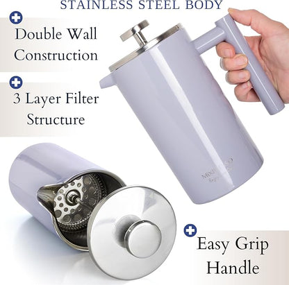 Mixpresso Light Blue Stainless Steel French Press Coffee Maker 26 Oz 770 ml, Double Wall Insulated French Press Stainless Steel, Easy Clean Tea Brewer, Easy Press Durable Metal Coffee Press