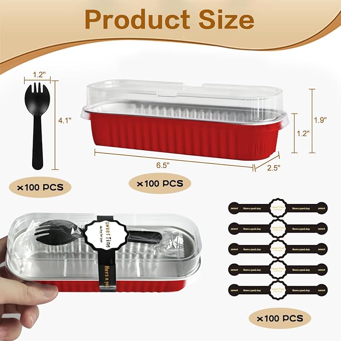 100 Pack Mini Cake Pans with Lids and Spoons, Mini Loaf Baking Pans 6.8oz, Small Disposable Aluminum Foil Loaf Pans, Rectangular Baking Containers for Party and Picnics, Cheesecake Pans (Red)