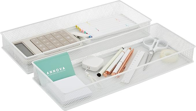 Annova Mesh Stackable Drawer Cabinet and Shelf Organizer Bins Storage Basket School Office Supply Holder Tray- Set of 2 (White, 6x15x2 Inch)