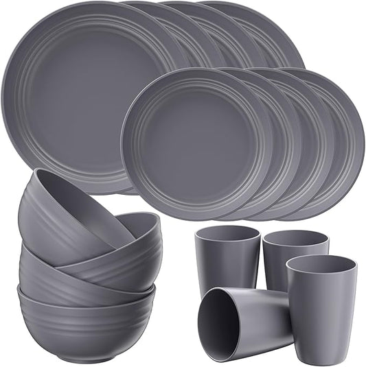 Quatish 16 Piece Plates and Bowls Sets for 4, Unbreakable Dinnerware Sets, Plastic Dish Set for Camping, Dishwasher Microwave Safe, Outdoor Kitchen and Apartment Dinning RV Essentials, Grey