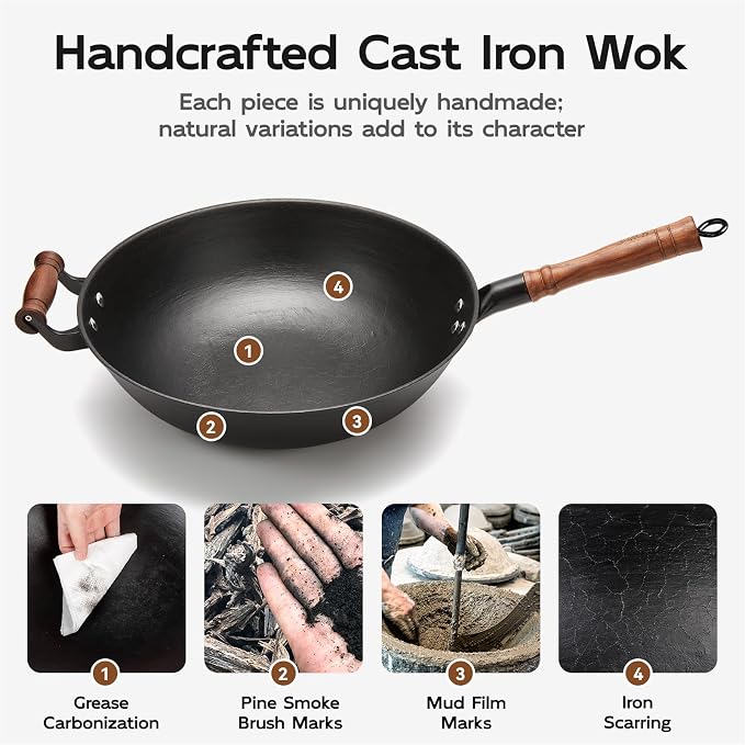WANGYUANJI Cast Iron Wok Pan with Lid, 13.4 Inch Flat Bottom Uncoated Stir Fry Skillet, Traditional Chinese Iron Pot for 3-5 People, Detachable Walnut Handle, Compatible with Induction & Gas Stoves