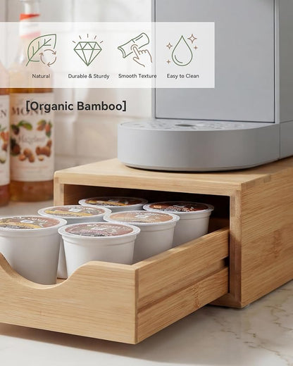 Bamboo Coffee Pod Drawer Organizer Compatible with K-Cups, Under Cabinet Coffee Station Storage Rack, Capsule Holder for 12 Pods, Countertop Coffee Machine Stand, No Assembly Needed