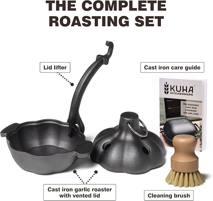 KUHA Cast Iron Garlic Roaster | Pre-Seasoned Small Cast Iron Cooker with Lid & Handle | Cookware for Smoker, Oven & Grill | Roast Garlic & Veggies | Lifter & Cleaning Brush Included | 5.3" Wide