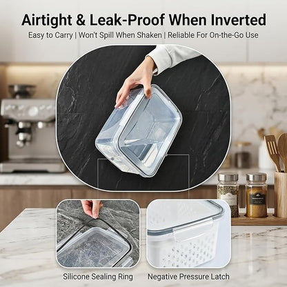 Fruit storage containers for fridge，with detachable drainer basket and airtight seal, stackable produce organizer, prolongs freshness of berries, greens, meats