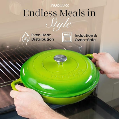 Shallow Cast Iron Casserole with Lid – Non Stick Dutch Oven Pot, Oven Safe up to 500° F – Sturdy Ovenproof Stockpot Cookware – Enamelled Cooking Pot – Green, 5-Quart, 32cm – by Nuovva