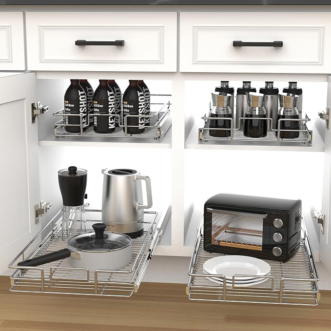 Pulloutor Pull Out Cabinet Organizer - 11" W x 21" D, Slide Out Kitchen Cabinet Storage Shelf and Drawer Organizer, For Home, Pantry, Bathroom, Chrome Finish