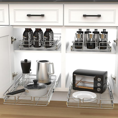 Pulloutor Pull Out Cabinet Organizer - 11" W x 21" D, Slide Out Kitchen Cabinet Storage Shelf and Drawer Organizer, For Home, Pantry, Bathroom, Chrome Finish