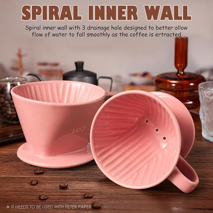 Pour Over Coffee Dripper, Ceramic Pour Over Coffee Maker with 3 Holes Flat Bottom, Easy Manual Brew Maker, Porcelain Slow Filter Cone for Travel, Camping, Office, Home,Pink