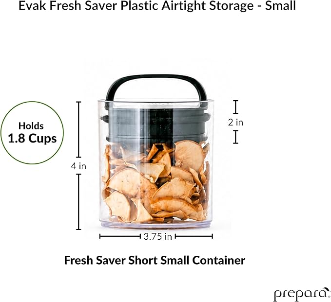 Prepara Evak Fresh Saver Airtight Plastic Container, Small (4” x 3.75”, 1.8 Cups), BPA-Free Food Storage Canister Vacuum Sealed Lid Handle, Odor Resistant, Ideal for Coffee Beans & Dry Goods