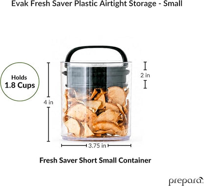 Prepara Evak Fresh Saver Airtight Plastic Container, Small (4” x 3.75”, 1.8 Cups), BPA-Free Food Storage Canister Vacuum Sealed Lid Handle, Odor Resistant, Ideal for Coffee Beans & Dry Goods