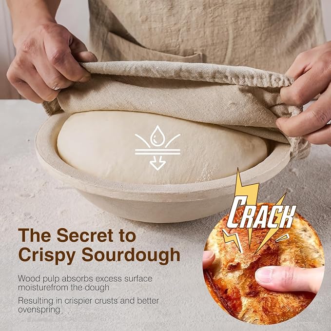 Wood Pulp Banneton Bread Proofing Baskets, 9" Round Sourdough Basket | 2.2LB Capacity, Sourdough Kit with Linen Covers, Dough Whisk, Scraper, Bread Lame & Flour Dredger