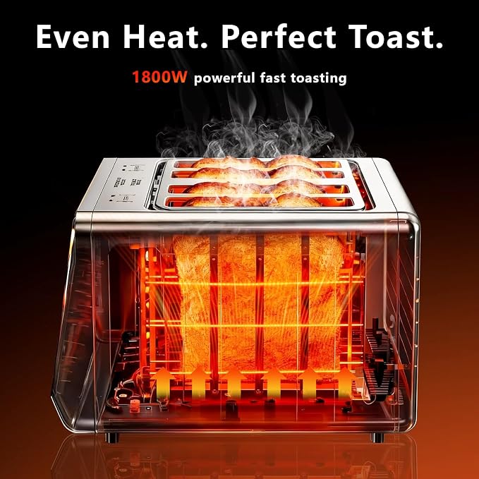 SAKAMOSH 4 Slice Touch Screen Toaster with Dual Control Panel, Wide Slots Smart Digital Toaster with 6 Browning Levels & Bread Type, Single Slice Toasting/Reheat/Defrost/Cancel, 1800W, Stainless Steel