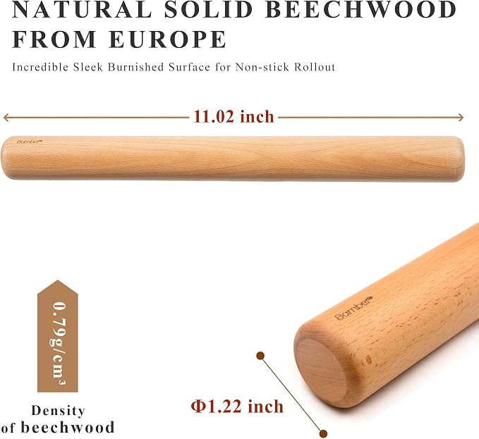 Bamber Mini Wood Rolling Pin for Baking Small Wooden Rolling Dowel Stick Dough Roller for Kids, 11'' by 1.2''