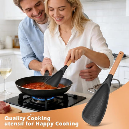 Cooking Spoon Set with Wooden Handle, Heat-Resistant Kitchen Utensils for Stirring, Mixing, Serving, Non-Stick Cookware (BLACK - 1Pack)