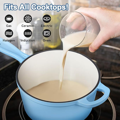 Enameled Cast Iron Sauce Pan with Lid, Leonyo 1 Quart Saucepan with Lid, Small Enamel Cast Iron Dutch Oven Kitchen Cookware for All Cooktops Cooking Soup, Milk - Up to 500°F & 4.4Lbs, Lake Blue