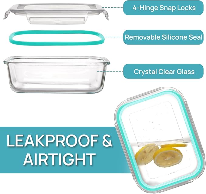 Vtopmart 5Pack 22oz Glass Storage Containers with Lids, Glass Meal Prep Food Container Sets with Snap Airtight Lid for Microwave, Oven, Freezer and Dishwasher, Green