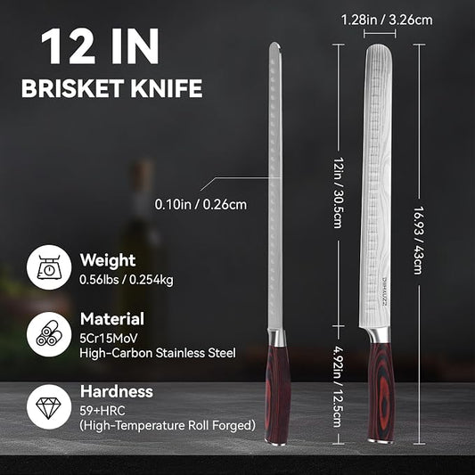 DiiHAUZZ Brisket Slicing Knife, 12" Carving Knife Razor Sharp High Carbon Steel with Ergonomic Pakkawood Handle for Meat, Roast Beef, BBQ, Turkey, Grilling Gift for Men