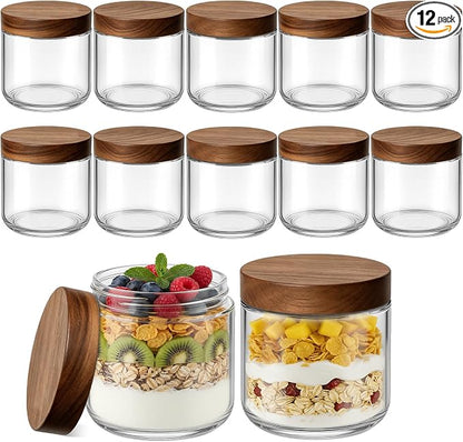Bumobum 10 oz Glass Mason Jars with Lids, Glass Container with Acacia Wood Airtight Lid, Wide Mouth Canisters for Chia Pudding Loose Tea Coffee Meal Prep Parfait Salad Snacks Yogurt Spice, 12-Pack